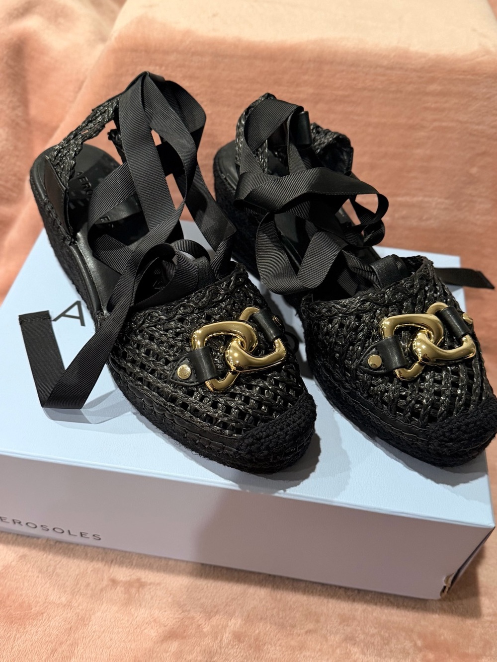 Woven Black Espadrille Wedges Ankle Tie with Gold Accent